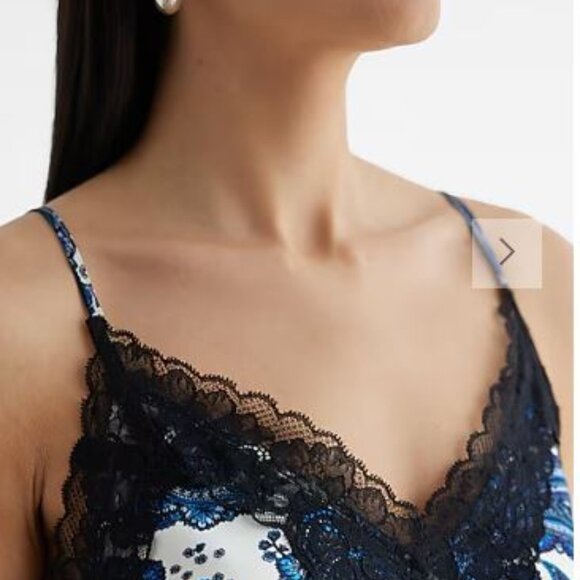 Satin Printed Lace Trim V-Neck Midi Downtown Cami Slip Dress - Picture 3 of 5